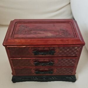 Vintage Asian Red Celluloid 3 Drawer Jewelry Box Ornate Carving/ Dragon Handles